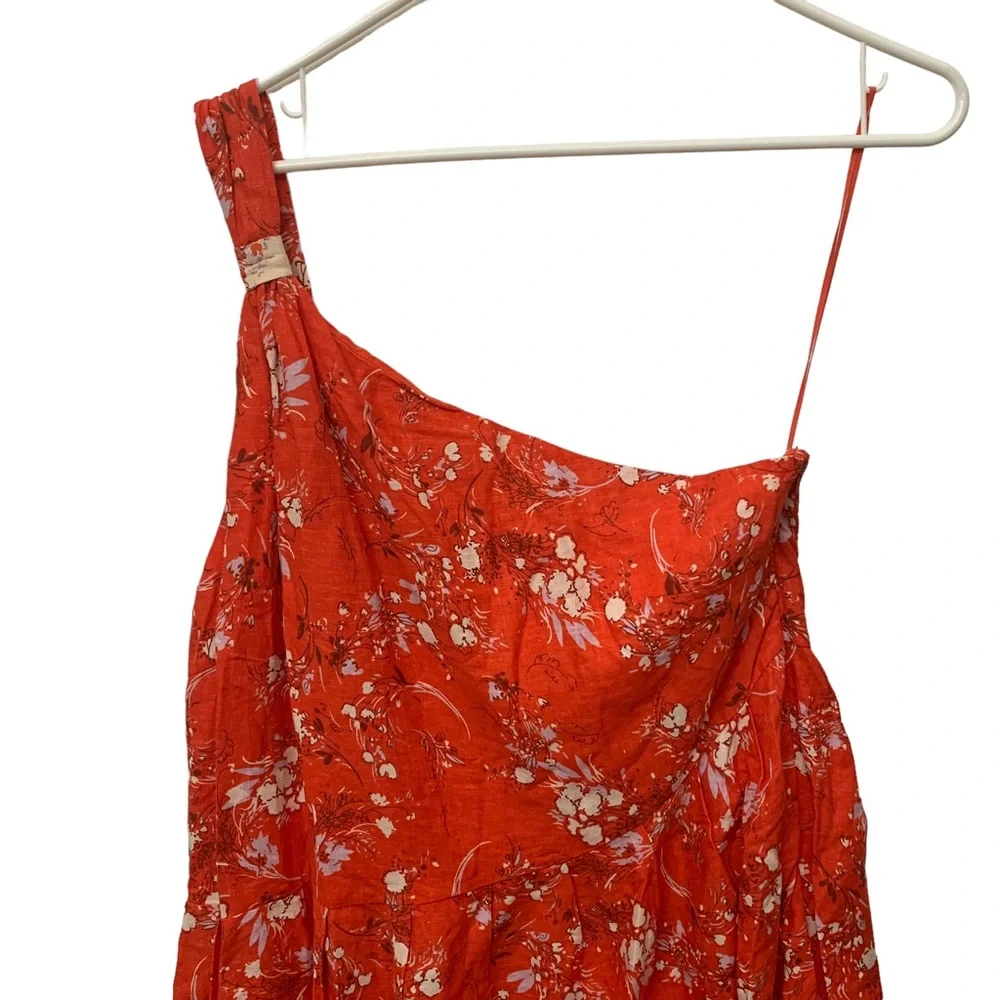 Free People One Shoulder Linen Floral Mini Dress Red Boho